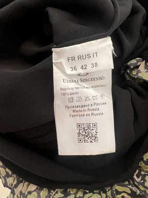 Ulyana Sergeenko Black Silk Belted Playsuit with Green Flower and Goat Print Trim Detail Size FR 36 (UK 8)