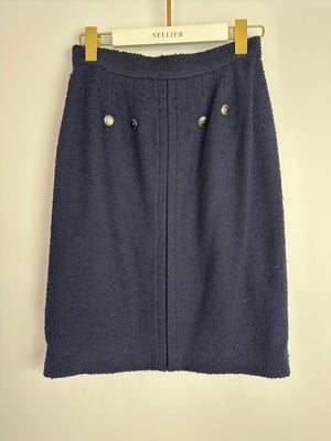 Chanel 97A Navy Wool Long Sleeve Jacket and Pencil Skirt Set with Red, Blue, Green and Yellow Neckline Applique Detail Size FR 38 (UK 10)