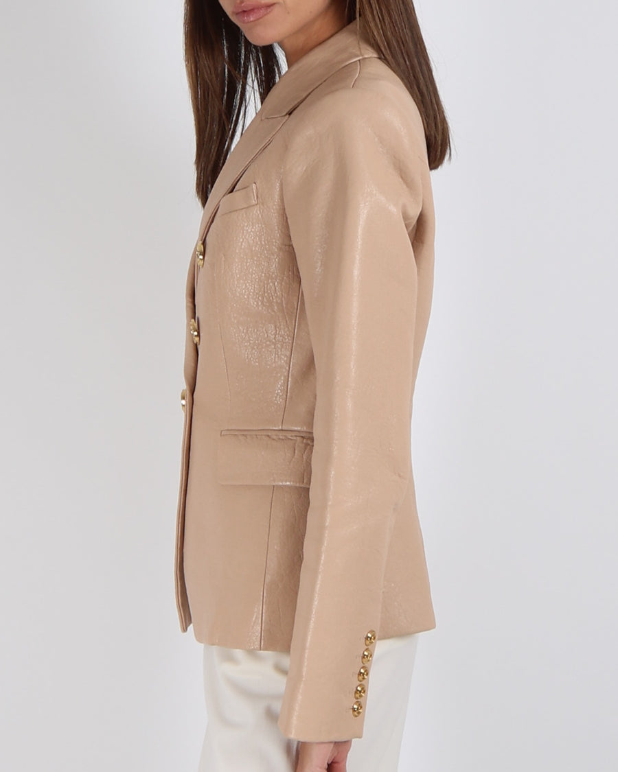 Balmain Beige Lambskin Leather Blazer Jacket with Polished Gold Logo Buttons Size FR 40 (UK 12)