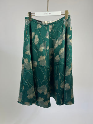 Rochas Emerald Green Silk Midi Skirt with Gold Floral Detail Size IT 42 (UK 10)