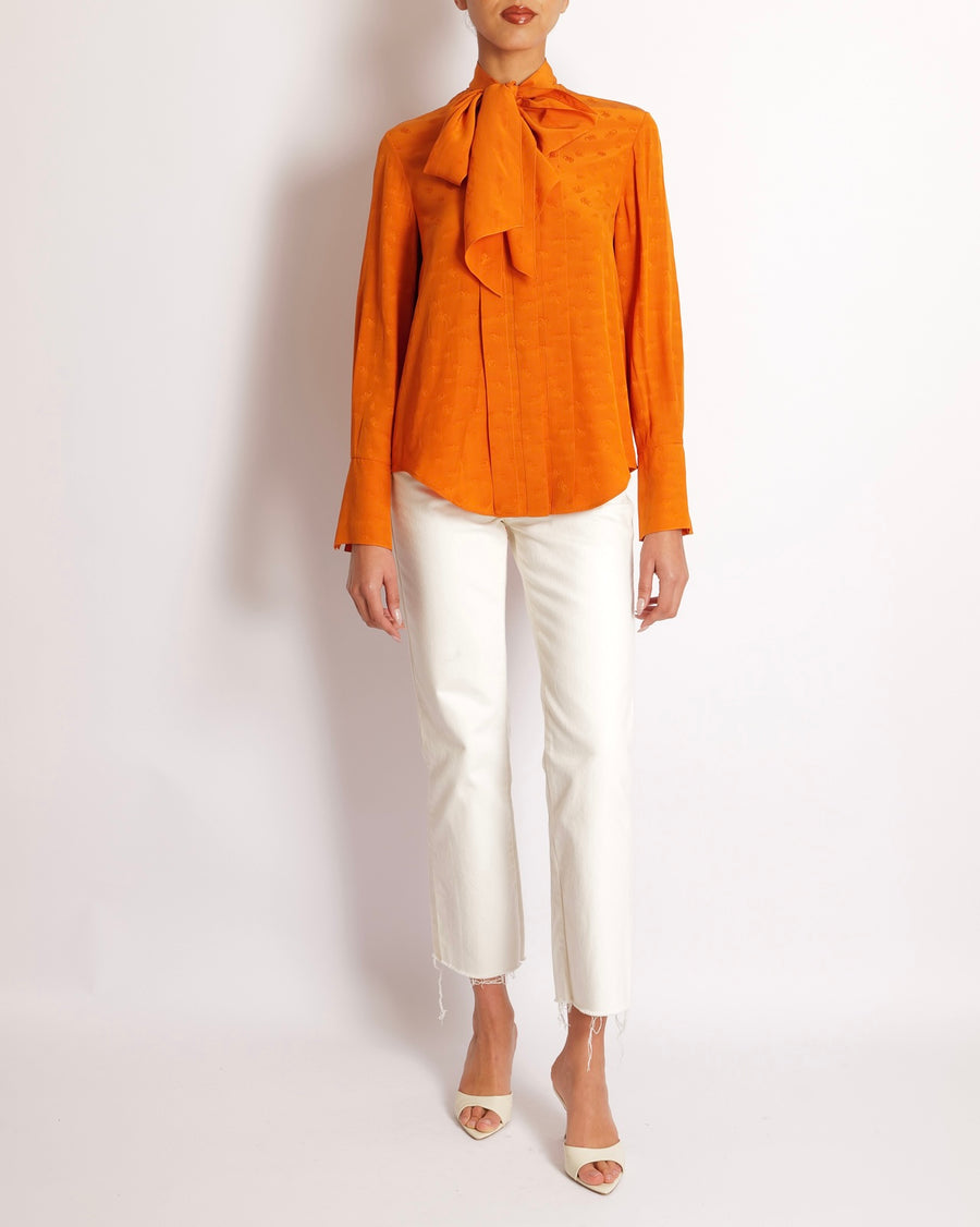 Chloe Orange Silk Printed Shirt with Neck-Tie Detail Size FR 34 (UK 6)