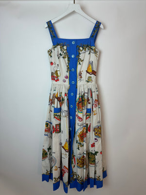 Dolce Gabbana Pasta Print White & Blue Midi Dress Size IT 38 (UK 6)