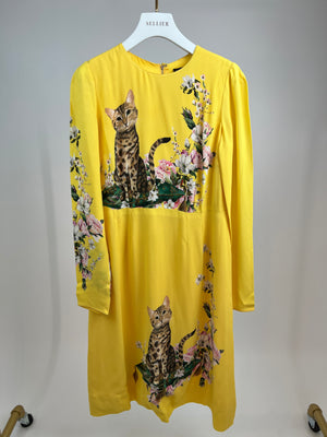Dolce & Gabbana Yellow Long Sleeve Midi Dress with Cat and Floral Print Size IT 42 (UK 10)
