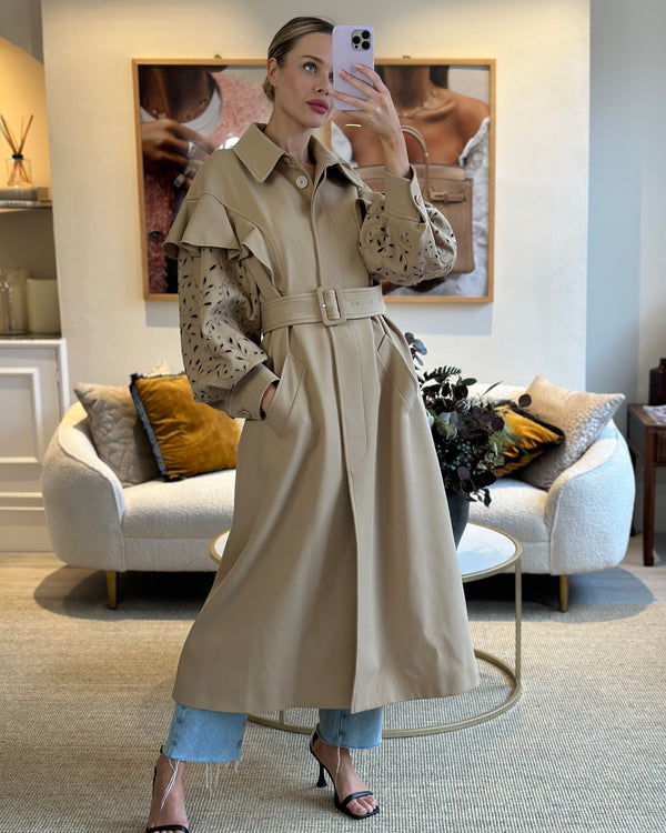Chloé Beige Trench Coat with Floral Laser Cut Out and Belt Detail Size FR 40 (UK 12)