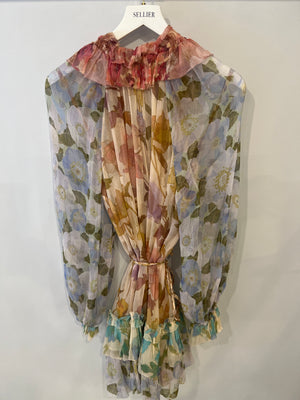 Zimmermann Pink and Light Blue Floral Mini Dress with Ruffle Details and Braided Belt Size 3 (UK 14)