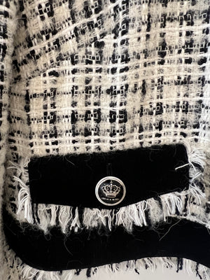 Dolce & Gabbana Black and White Tweed Jacket with Fringe Trim and Silver Crown Buttons Size IT 42 (UK 10)