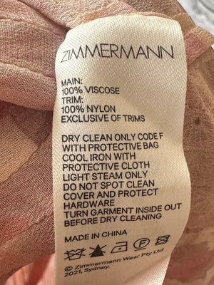 Zimmermann Pink Floral Viscose Long-Sleeve Floral Midi Dress with Lace Details Size 0 (UK 8)