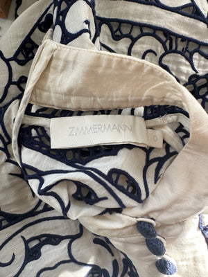 Zimmermann White and Blue Embroidered Midi Dress with Belt Size 0 (UK 8)