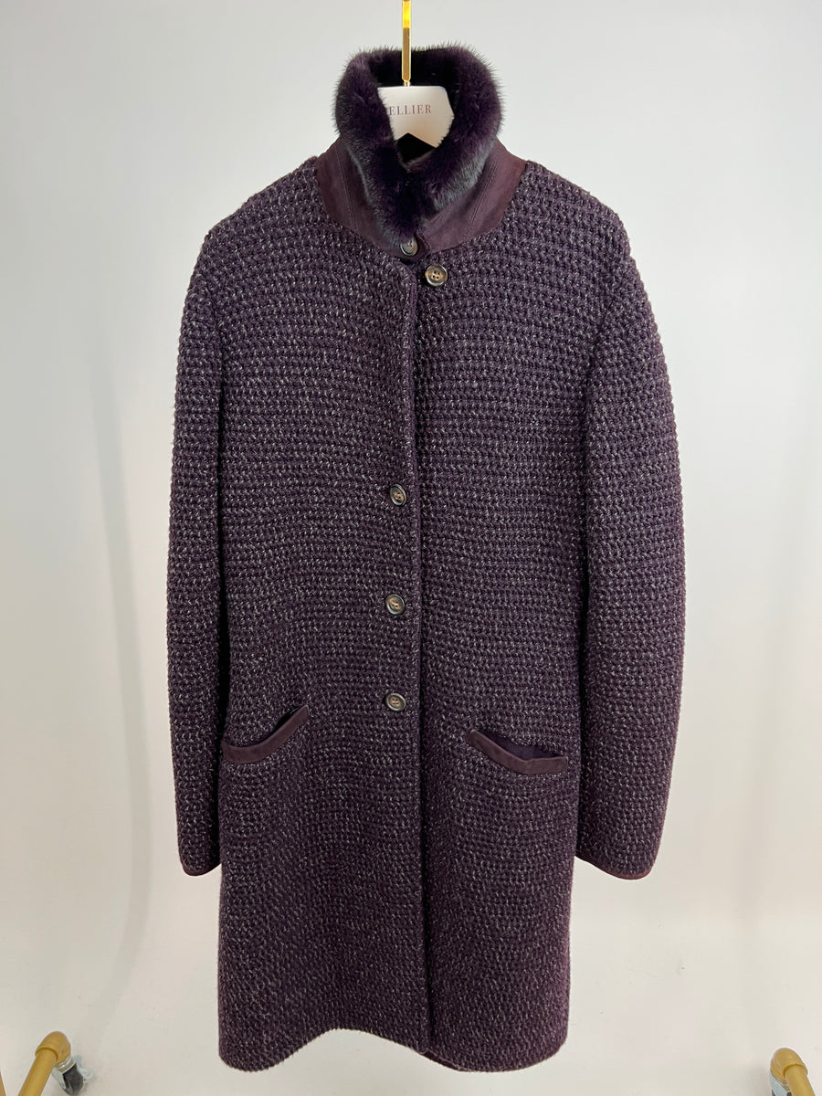 Loro Piana Purple Cashmere Heavy Knitted Cardigan with Detachable Fur Collar Detail Size IT 44 (UK 12)