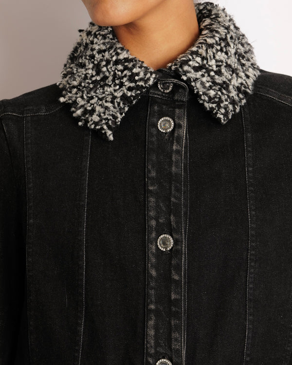 Chanel Black Denim Jacket with Black and White Shearling Pocket and Collar Details with Crystal Embellished CC Logo Buttons Size FR 38 (UK 10)