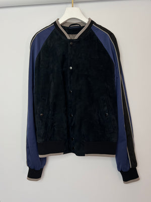Lanvin Navy Menswear Navy Suede Bomber Jacket with Satin Arm Detail Size IT 48 (UK 36)