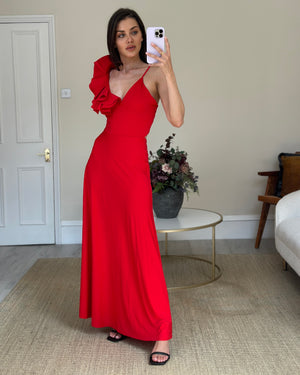 Maygel Coronel Red Sleeveless Long Dress with Ruffle Detail One Size (UK 6-10)