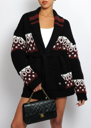 Chanel Black Cashmere Knit Belted Cardigan with Red, White, and Pink Pattern with CC Logo Detail Size FR 38 (UK 10)