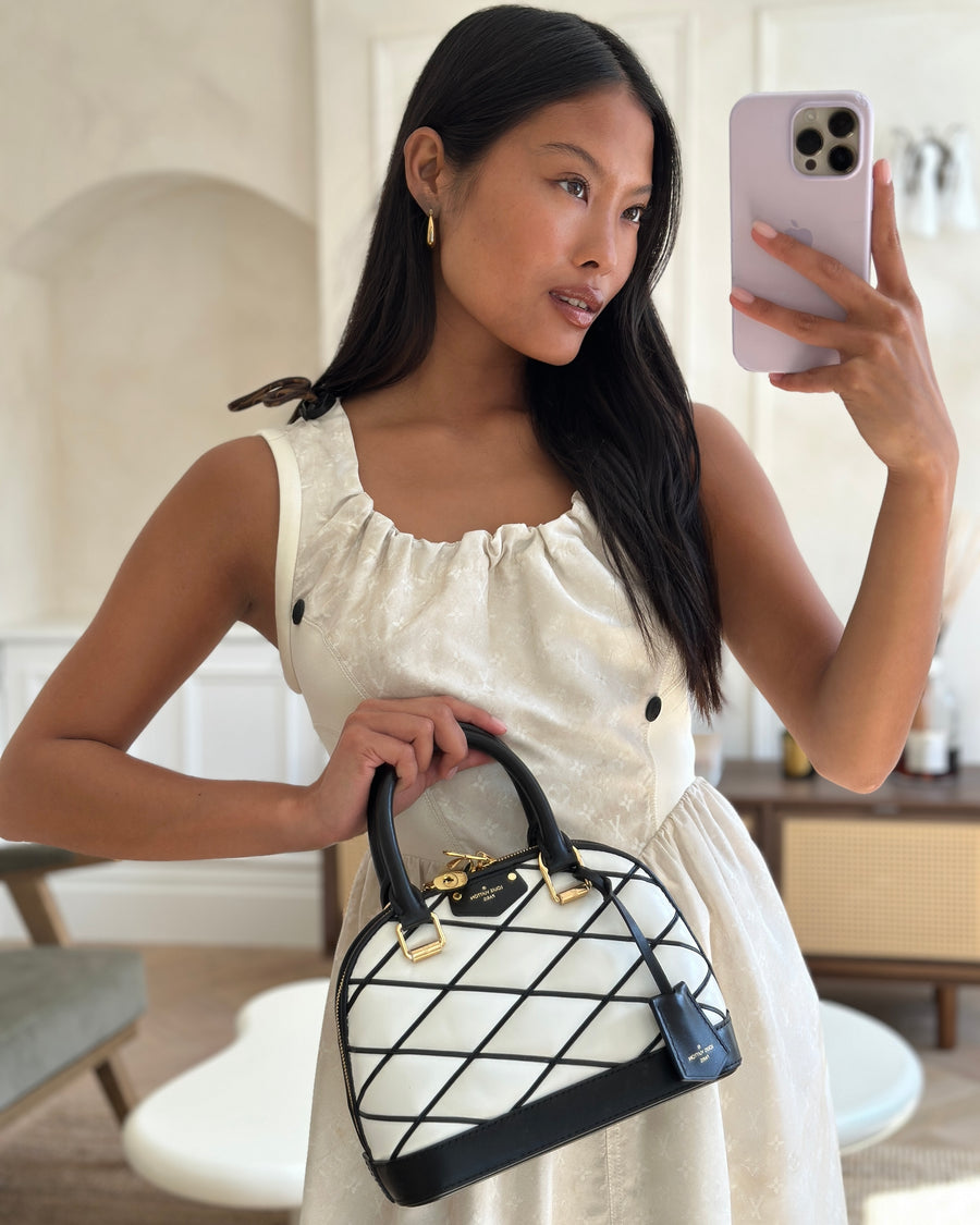 Louis Vuitton White and Black Quilted Leather Alma BB Bag with Gold Hardware
