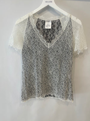 Chanel White and Black Lace Short Sleeve Top with Black CC Logo Detail Size FR 38 (UK 10)
