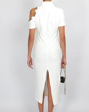 David Koma White Logo Midi Dress with Mismatched Sleeves with Crystal Embellishments and Silver Chain Buttons Size UK 8 RRP £1,020