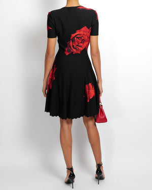 Alexander McQueen Black Short-Sleeve Dress with Red Floral Prints Size IT 40 (UK 8)