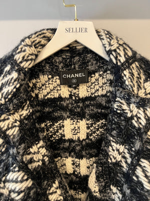 Chanel Grey and White Wool Long Knitted Coat with CC Belt and "Gabrielle Coco" Embroidery with Logo Buttons Size FR 34 (UK 6)