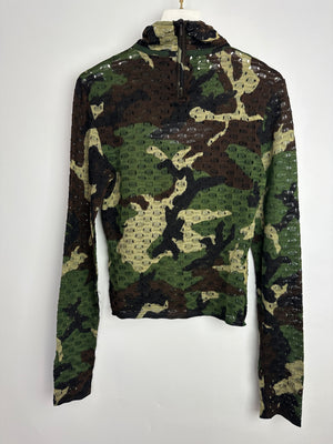 Christian Dior John Galliano Green, Khaki, Black and Brown Camouflage Open Knit Mock Neck Top with Cut Out Detail Size FR 40 (UK 12)