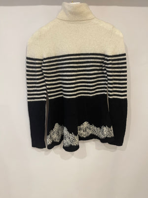 Ermanno Scervino Black and White Striped Cashmere Jumper with Lace Details Size IT 38 (UK 6)