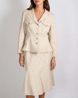 Chanel Spring 2006 Beige Silk Jacket and Skirt Set with Gold CC Logo Buttons Size FR 42 (UK 14)