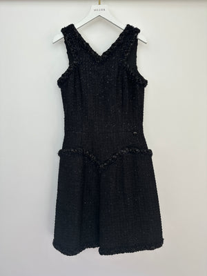 Chanel 15/P Black Sleeveless Glitter Tweed A-Line Midi Dress with Woven Tweed Trim Detail FR 36 (UK 8)