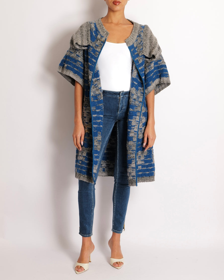 Missoni Blue and Grey Wool Long Knitted Short Sleeved Cardigan Size IT 42 (UK 10)
