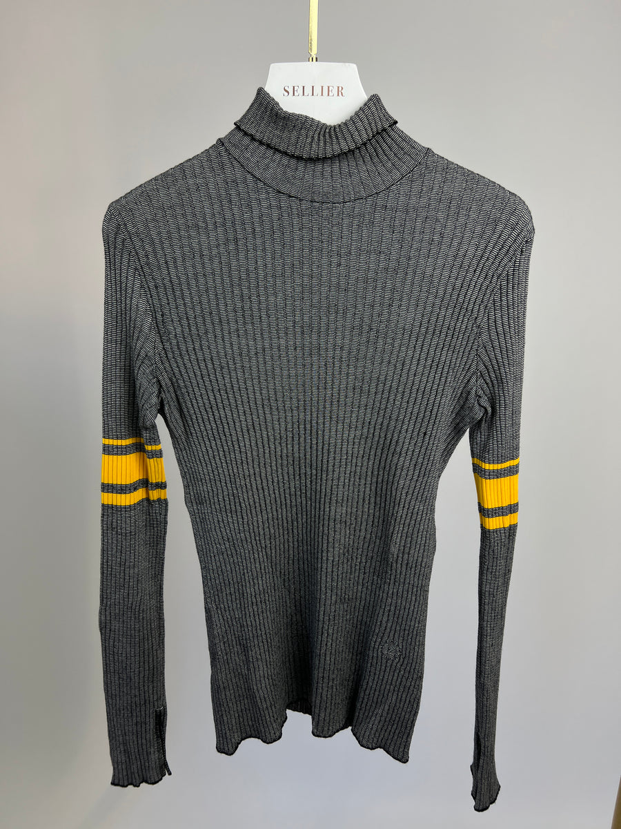 Louis Vuitton Grey Ribbed Long-Sleeve Rollneck Jumper with Yellow Stripe Detail Size S (UK 8)