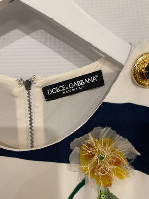 Dolce & Gabbana Navy and White Striped Midi Dress with Sequin Details and Lace Trim Size IT 44 (UK 12)