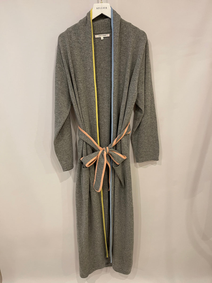 Chinti and Parker Grey Cashmere Long Belted Cardigan with Colourful Trim Size XS (UK 6)