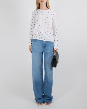 Chanel SS 2020 Runway White Knit Long-Sleeved Top with Black CC Logos and Multi-Colour Micro Sequin Embellishments Size FR 36 (UK 8)