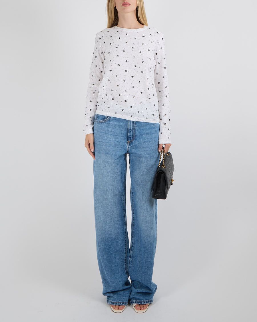 Chanel SS 2020 Runway White Knit Long-Sleeved Top with Black CC Logos and Multi-Colour Micro Sequin Embellishments Size FR 36 (UK 8)