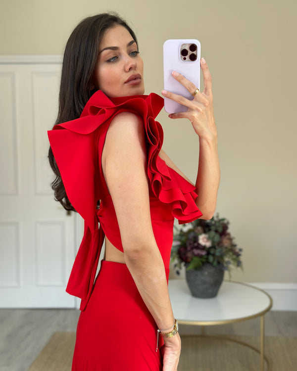 Maygel Coronel Red Sleeveless Long Dress with Ruffle Detail One Size (UK 6-10)