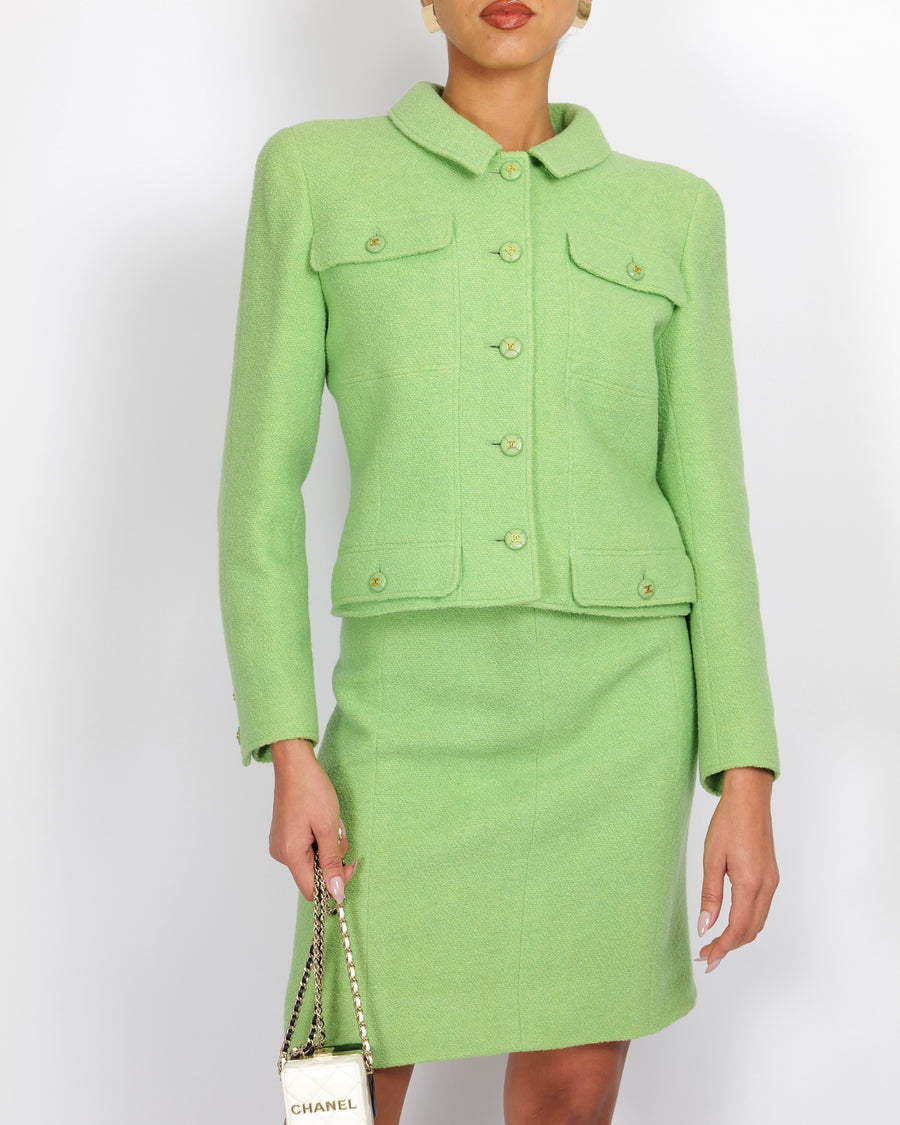 Chanel Vintage 98P Green Wool Jacket and Skirt Set with Green and Gold CC Logo Buttons Size FR 42 (UK 14)