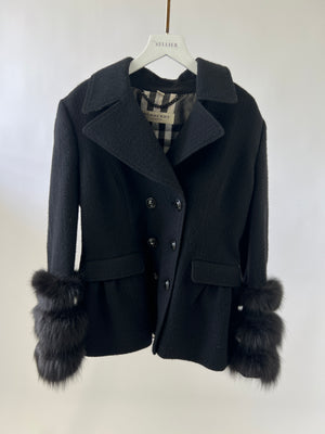 Burberry Black Wool Double-Breasted Coat with Fur Sleeve Detail FR 40 (UK 12)