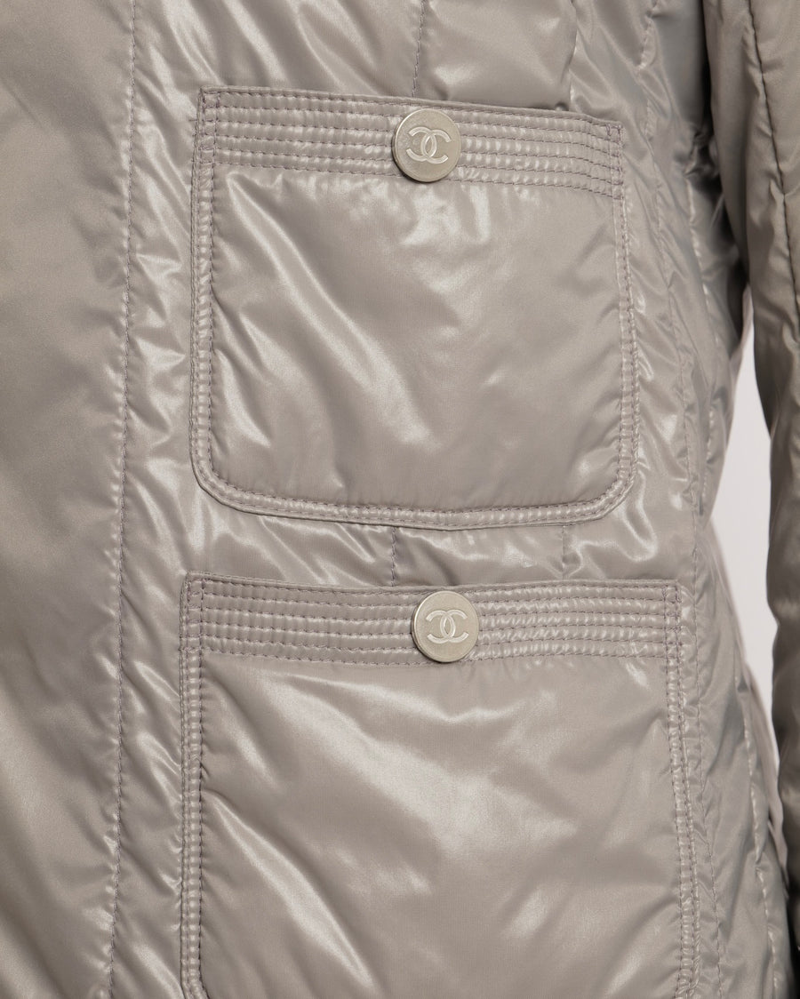 Chanel Grey Windbreaker Jacket with Silver CC Logo Buttons and Pocket Details Size FR 36 (UK 8)