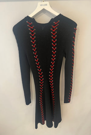 Alexander McQueen Fall 2017 Black Knit Ribbed Mini Dress with Red Leather Tie Details Size S (UK 8) RRP £2,800