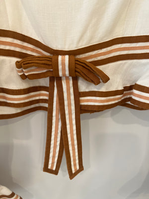 Zimmermann White Linen Crop Top with Ruffled Sleeves and Brown Trims with Bow Detail Size 2 (UK 12)