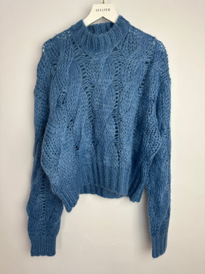 Prada Blue Oversized Cropped Cable Knit Openwork Mohair Jumper Size IT 38 (UK 6)