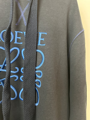 Loewe Navy Cotton Hoodie With Anagram Logo and Frayed String Detail Size M (UK 10)