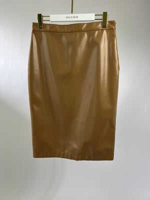 Burberry Camel Coated Faux Leather Midi Skirt Size UK 10