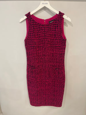 Chanel Fall 2016 Pink and Black Tweed Sleeveless Midi Dress with CC Logo Tweed Buttons Size FR 38 (UK 10)