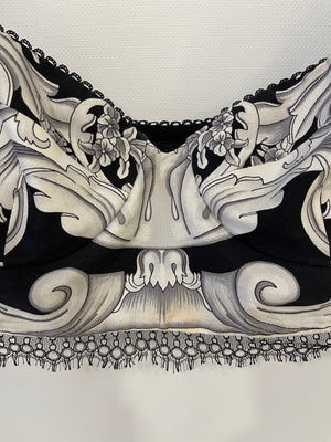Versace Black and White Baroque Print Bralette with Lace Trim Detail Size IT 46 (UK 14)