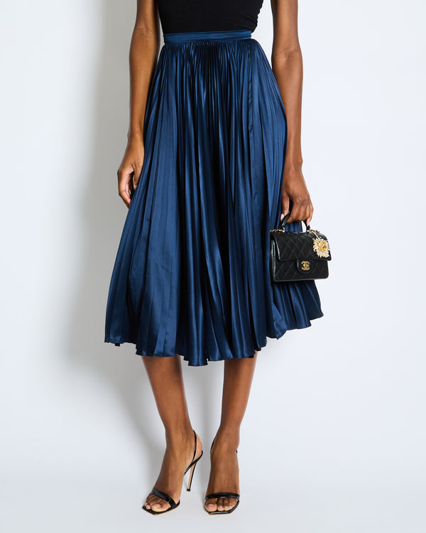 Christian Dior Navy Silk Pleated Midi Skirt Size IT FR 34 (UK 6)