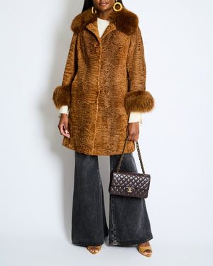 Christian Dior Vintage Caramel Brown Astrakhan Fur Coat with Fox Fur Trim Size FR 38 (UK 10)