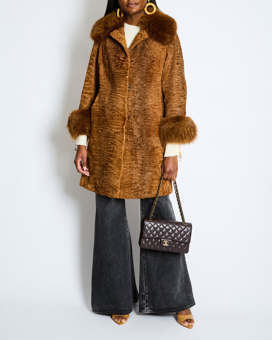 Christian Dior Vintage Caramel Brown Astrakhan Fur Coat with Fox Fur Trim Size FR 38 (UK 10)
