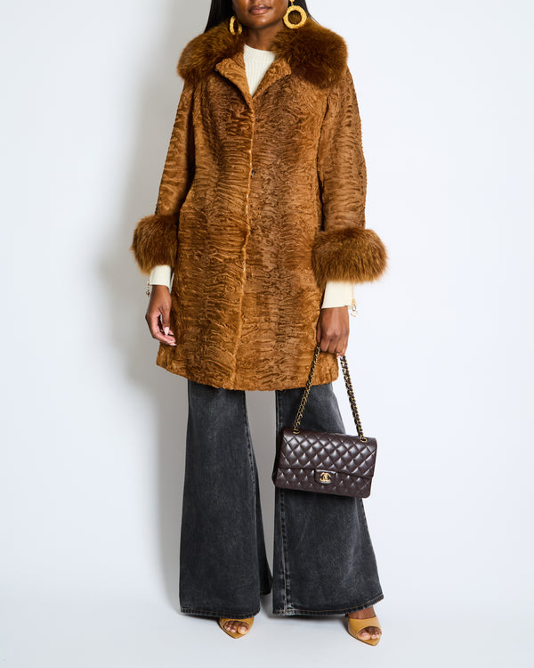 Christian Dior Vintage Caramel Brown Astrakhan Fur Coat with Fox Fur Trim Size FR 38 (UK 10)
