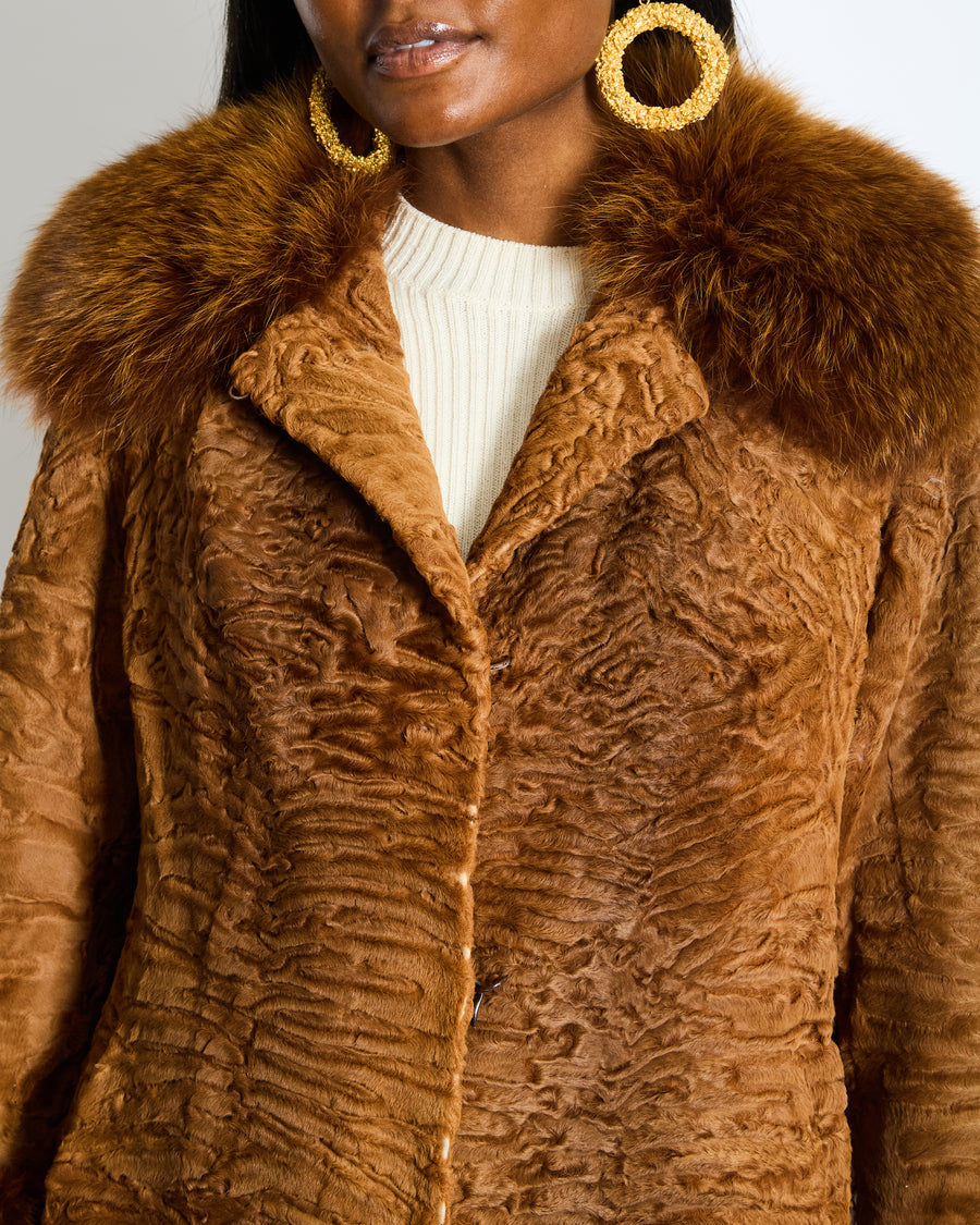Christian Dior Vintage Caramel Brown Astrakhan Fur Coat with Fox Fur Trim Size FR 38 (UK 10)