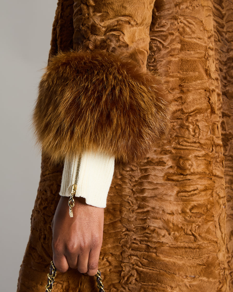 Christian Dior Vintage Caramel Brown Astrakhan Fur Coat with Fox Fur Trim Size FR 38 (UK 10)