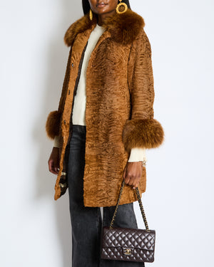 Christian Dior Vintage Caramel Brown Astrakhan Fur Coat with Fox Fur Trim Size FR 38 (UK 10)